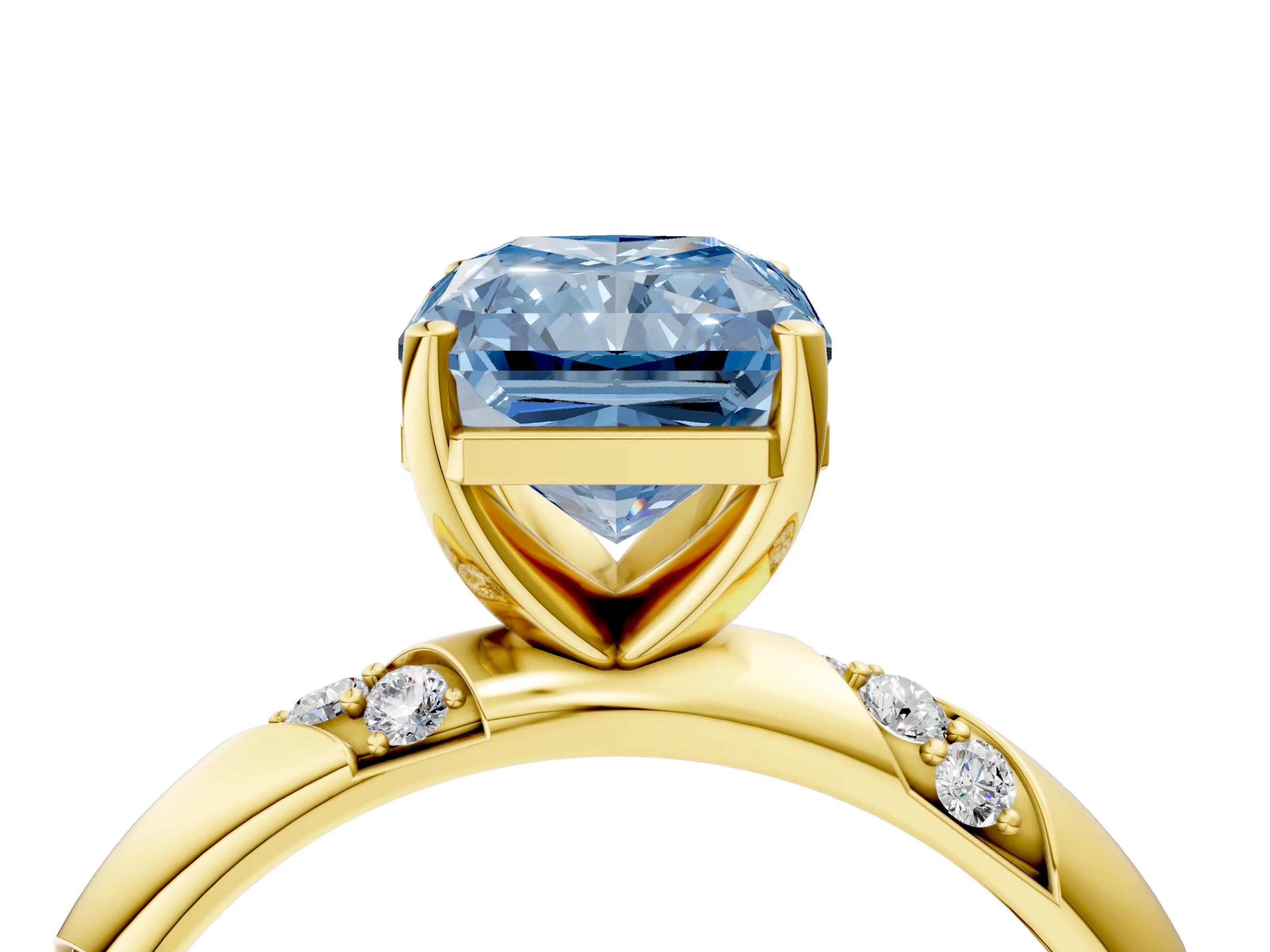 Yellow gold Fancy Blue Radiant Cut Solitaire Diamond Engagement Ring with Twisted Pave Band and Four-Prong Setting_7