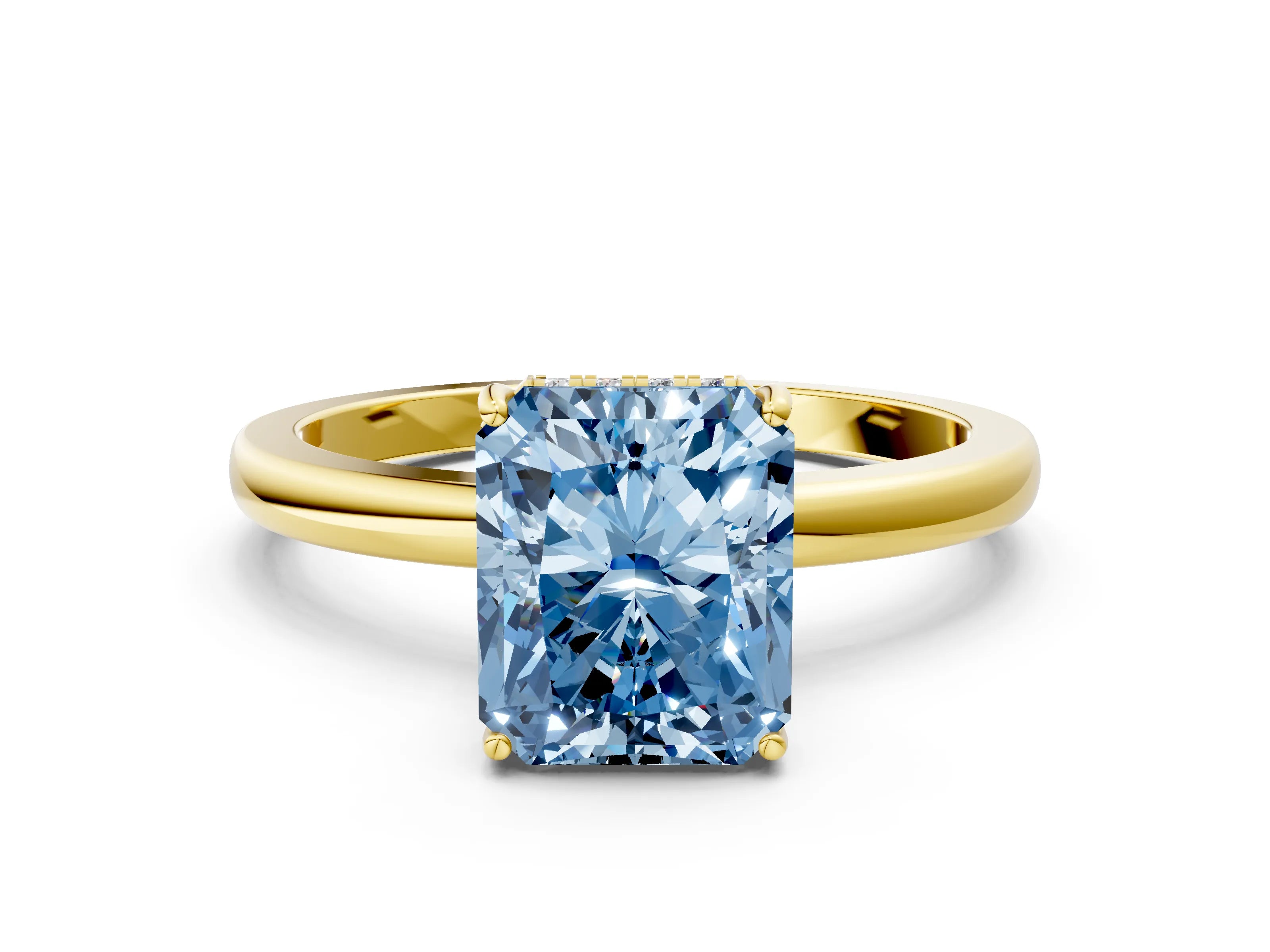 Yellow gold Fancy Blue Radiant Cut Solitaire Diamond Ring with Prong Setting and Plain Band