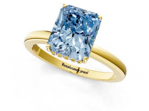 Yellow gold Fancy Blue Radiant Cut Solitaire Diamond Ring with Prong Setting and Plain Band_1