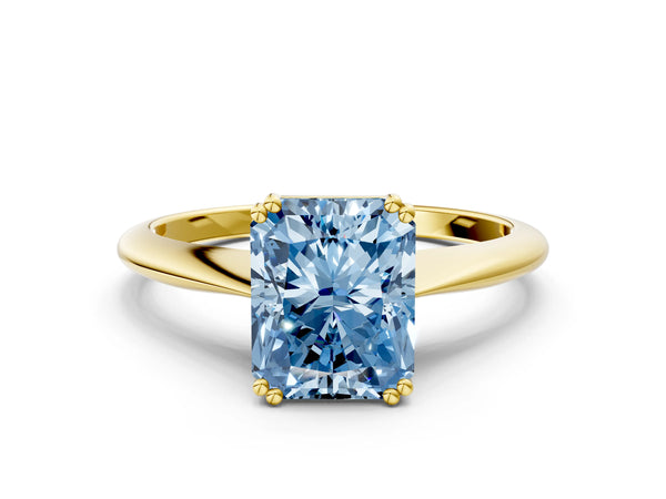 Yellow gold Fancy Blue Radiant Cut Solitaire Diamond Ring with Six-Prong Setting and Classic Band