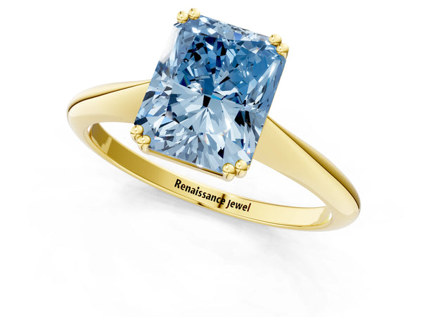 Yellow gold Fancy Blue Radiant Cut Solitaire Diamond Ring with Six-Prong Setting and Classic Band