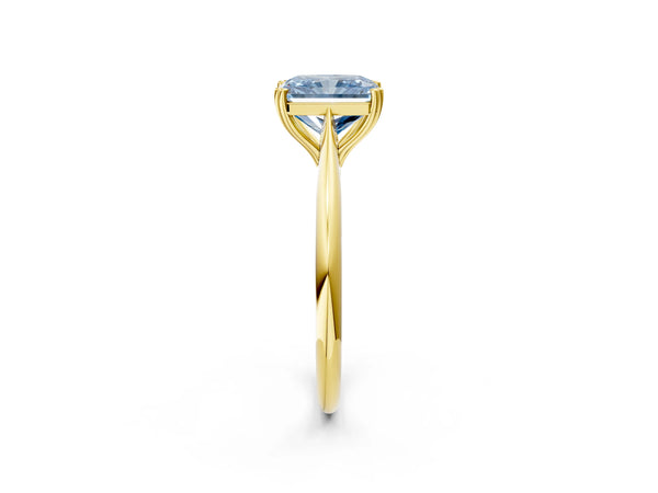 Yellow gold Fancy Blue Radiant Cut Solitaire Diamond Ring with Six-Prong Setting and Classic Band