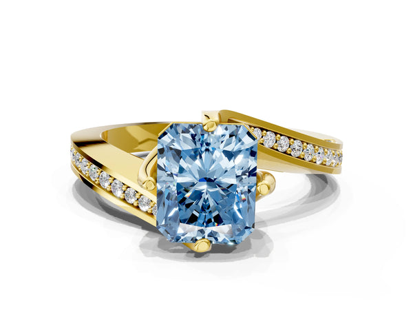 Yellow gold Fancy Blue Radiant Cut Solitaire Diamond Twist Band with Pavé Setting and Four-Prong Setting