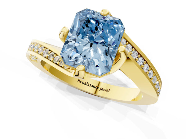 Yellow gold Fancy Blue Radiant Cut Solitaire Diamond Twist Band with Pavé Setting and Four-Prong Setting