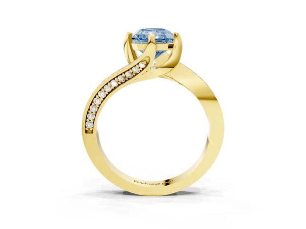 Yellow gold Fancy Blue Radiant Cut Solitaire Diamond Twist Band with Pavé Setting and Four-Prong Setting