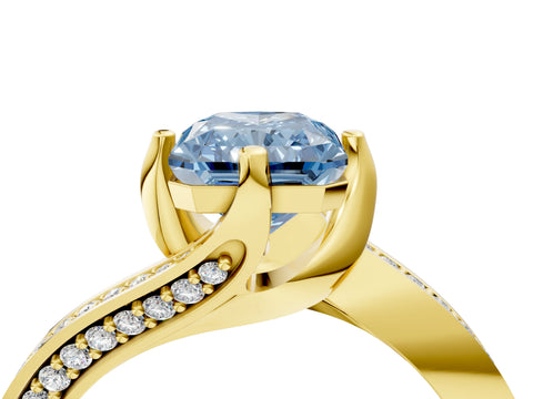 Yellow gold Fancy Blue Radiant Cut Solitaire Diamond Twist Band with Pavé Setting and Four-Prong Setting_4
