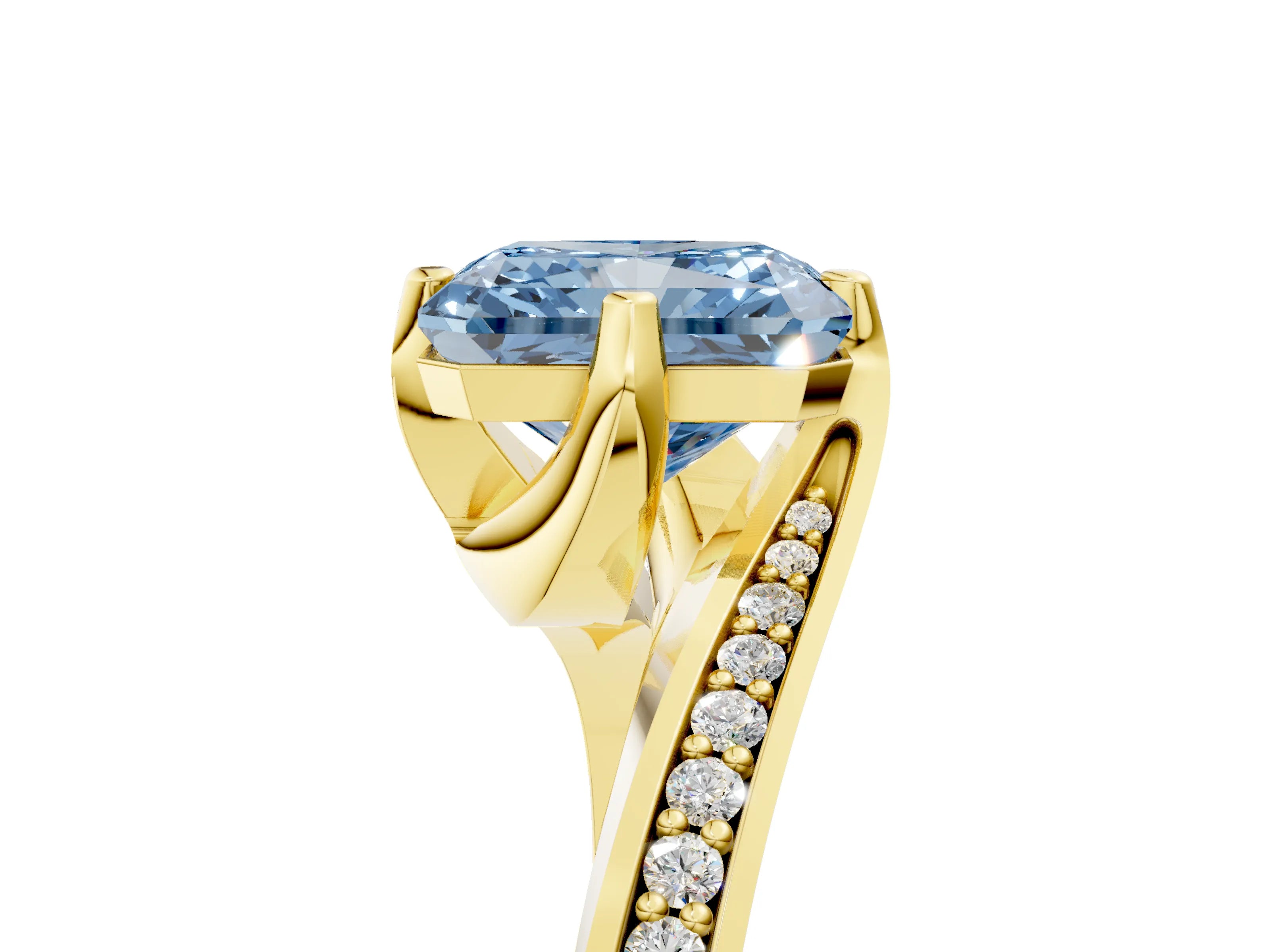 Yellow gold Fancy Blue Radiant Cut Solitaire Diamond Twist Band with Pavé Setting and Four-Prong Setting_5