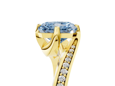 Yellow gold Fancy Blue Radiant Cut Solitaire Diamond Twist Band with Pavé Setting and Four-Prong Setting_5