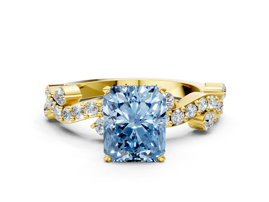 Yellow gold Fancy Blue Radiant  Cut Solitaire Diamond Twisted Band with Pave Setting_28