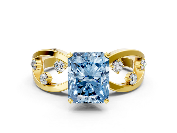 Yellow gold Fancy Blue Radiant  Cut Solitaire Diamond with Side Stones on Criss-Cross Band and Four-Prong Setting