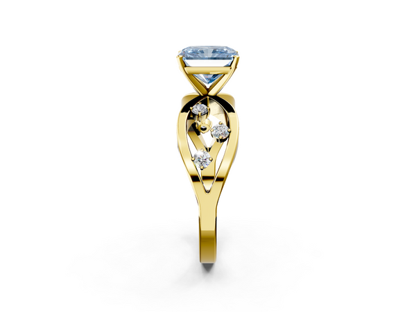 Yellow gold Fancy Blue Radiant  Cut Solitaire Diamond with Side Stones on Criss-Cross Band and Four-Prong Setting