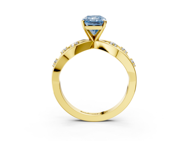 Yellow gold Fancy Blue Radiant  Cut Solitaire Diamond with Side Stones on Criss-Cross Band and Four-Prong Setting