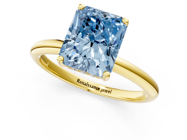 Yellow gold Fancy Blue Radiant  Cut Solitaire Engagement Ring with Four-Prong Setting and Classic Band