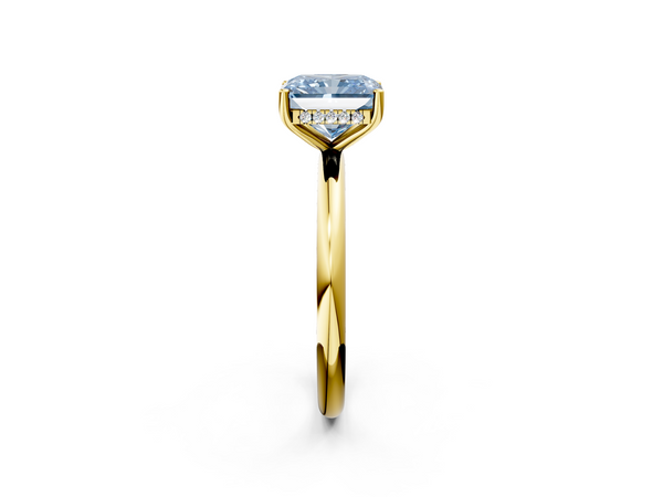 Yellow gold Fancy Blue Radiant  Cut Solitaire Engagement Ring with Four-Prong Setting and Classic Band
