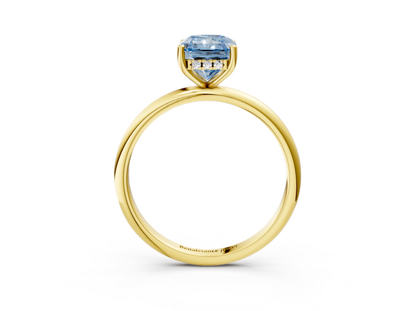 Yellow gold Fancy Blue Radiant  Cut Solitaire Engagement Ring with Four-Prong Setting and Classic Band