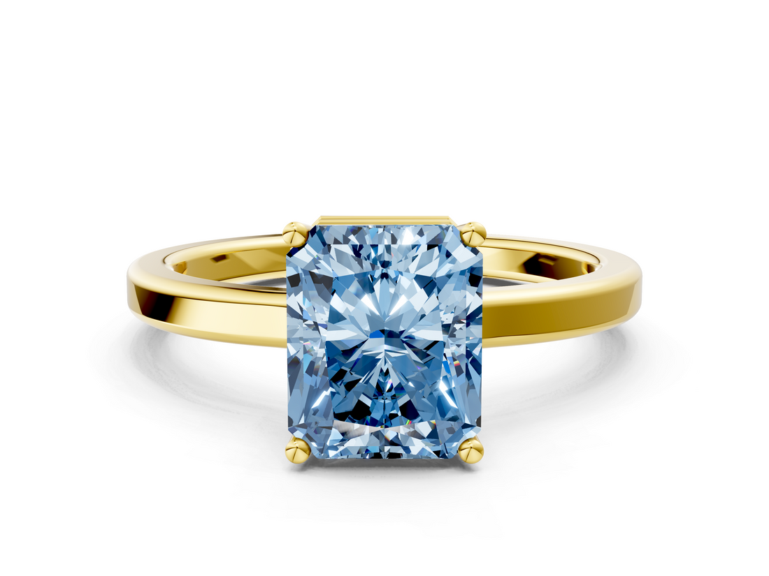 Yellow gold Fancy Blue Radiant  Cut Solitaire Engagement Ring with Four-Prong Setting on a Classic Band_20