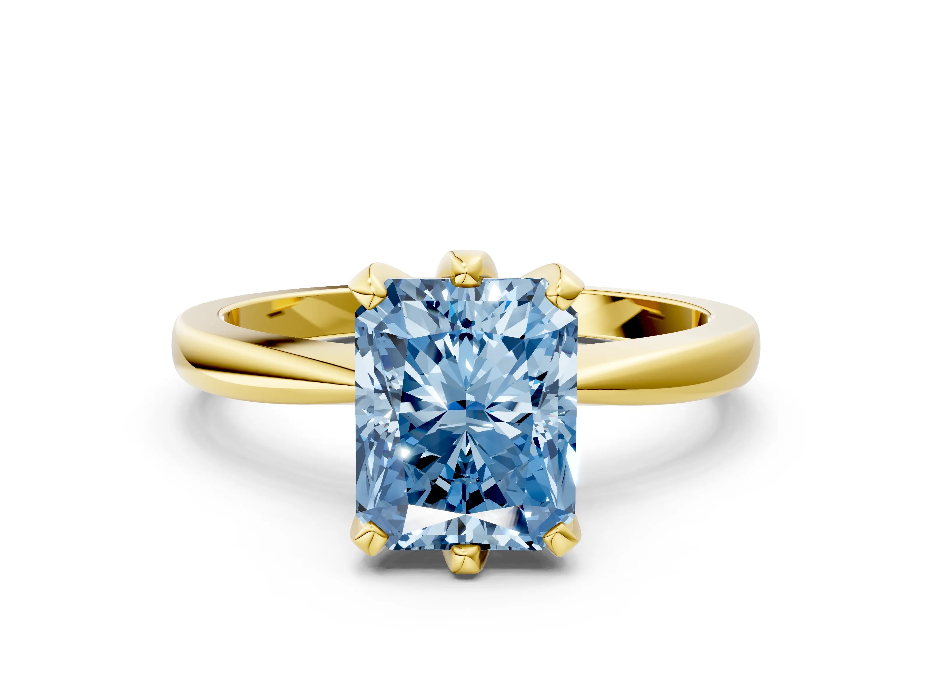 Yellow gold Fancy Blue Radiant Cut Solitaire Engagement Ring with Six-Prong Setting and Tapered Band