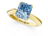 Yellow gold Fancy Blue Radiant  Cut Solitaire Engagement Ring with Tapered Band and Four-Prong Setting 1