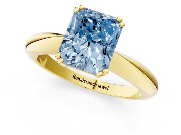 Yellow gold Fancy Blue Radiant  Cut Solitaire Engagement Ring with Tapered Band and Four-Prong Setting