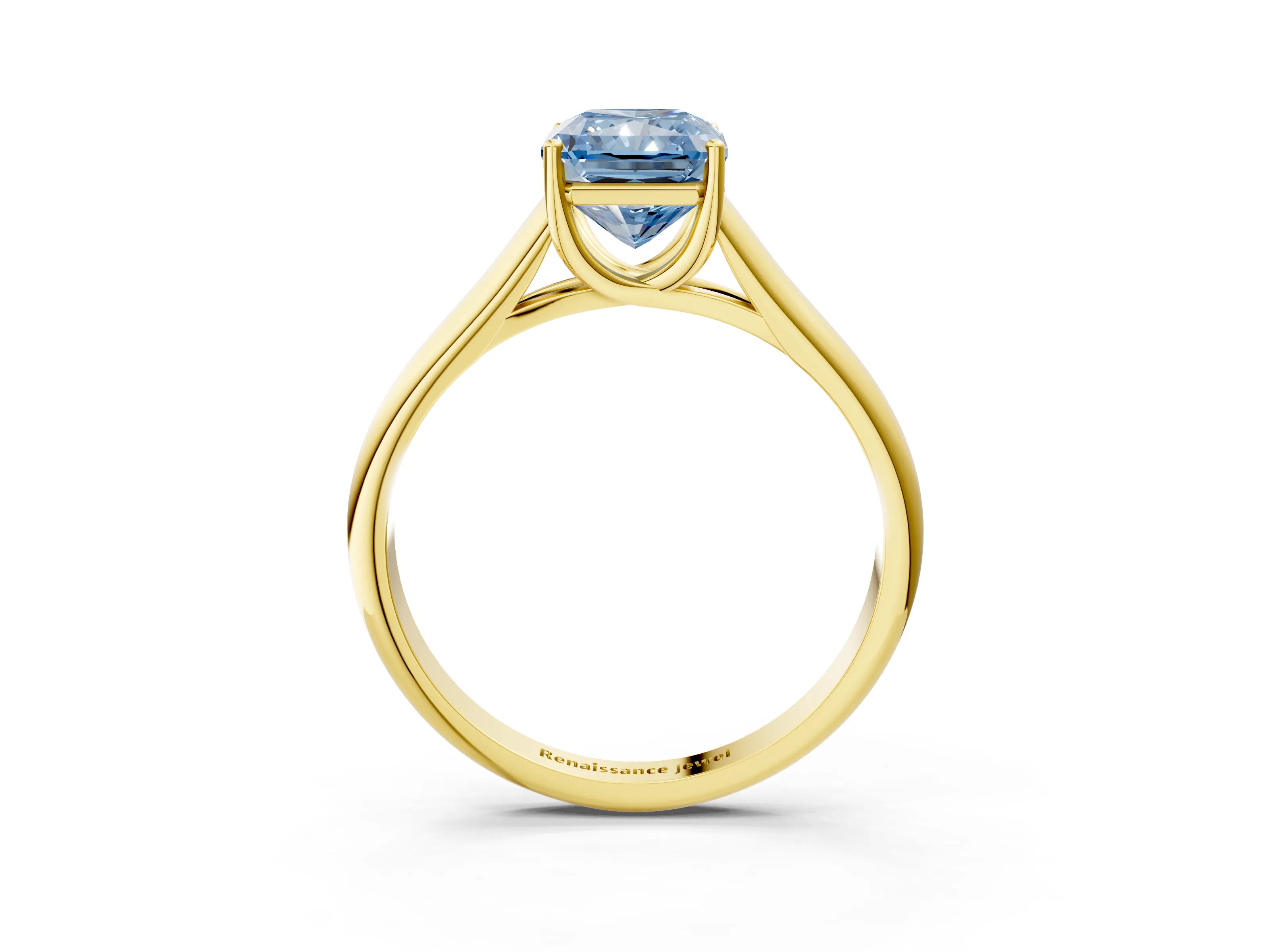 Yellow gold Fancy Blue Radiant Cut Solitaire Engagement Ring with Tapered Band and Four-Prong Setting_6