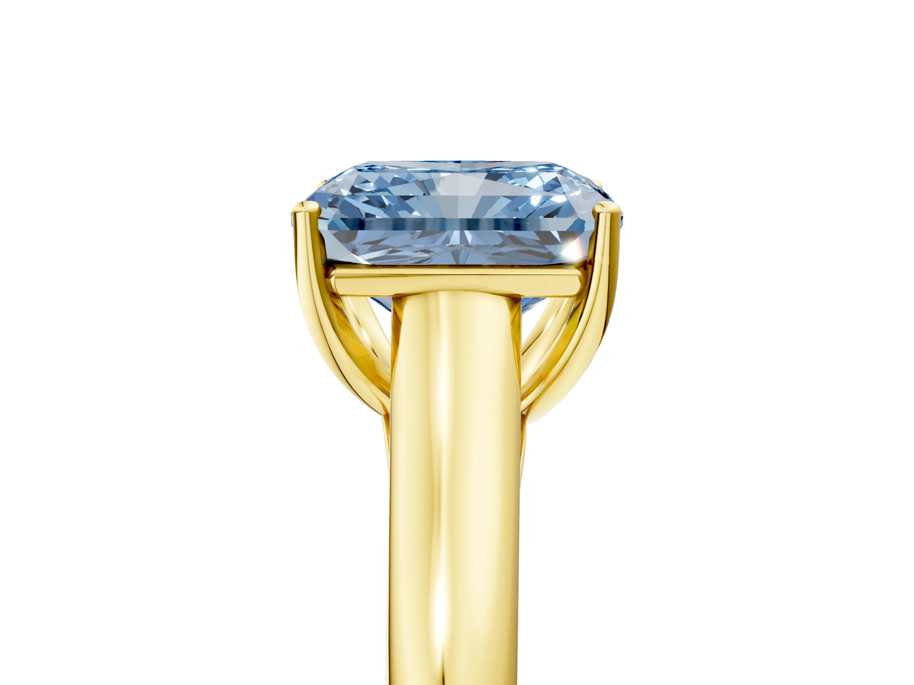 Yellow gold Fancy Blue Radiant Cut Solitaire Engagement Ring with Tapered Band and Four-Prong Setting_8