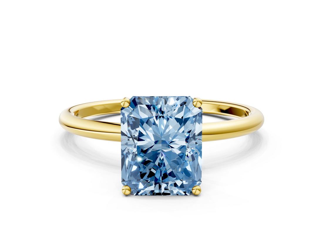 Yellow gold Fancy Blue Radiant  Cut Solitaire Engagement Ring with Thin Band and Four-Prong Setting_3