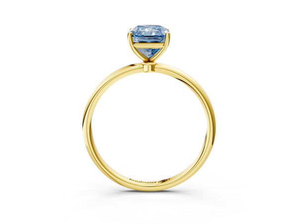 Yellow gold Fancy Blue Radiant  Cut Solitaire Engagement Ring with Thin Band and Four-Prong Setting