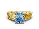 Yellow gold Fancy Blue Radiant  Cut Solitaire Engraved Band with Four-Prong Setting_113