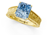 Yellow gold Fancy Blue Radiant  Cut Solitaire Engraved Band with Four-Prong Setting_114