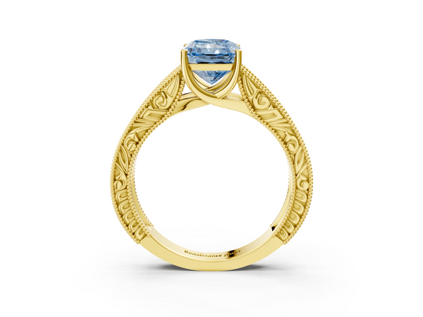 Yellow Gold Radiant Cut Vintage Engraved Solitaire Engagement Ring Setting for Fancy Blue Center