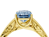 Yellow gold Fancy Blue Radiant  Cut Solitaire Engraved Band with Four-Prong Setting_117