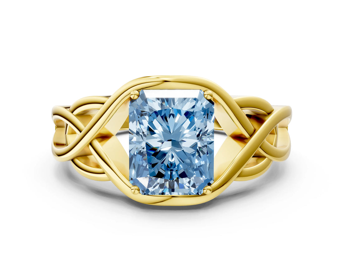 Yellow gold Fancy Blue Radiant Cut Solitaire Intertwined Band Prong Setting Ring