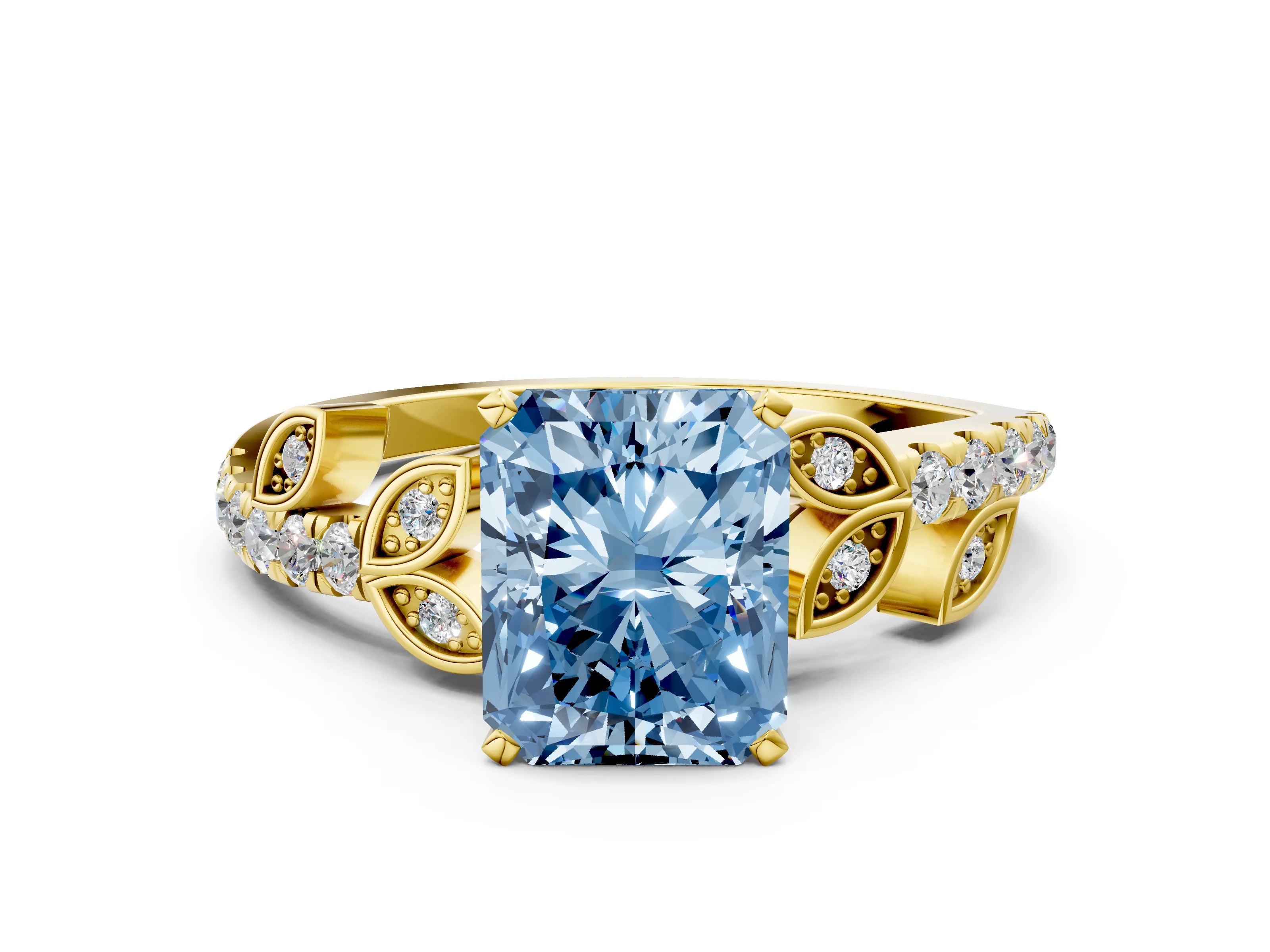 Yellow gold Fancy Blue Radiant Cut Solitaire Leaf-Inspired Diamond Ring with Pavé Band and Four-Prong Setting