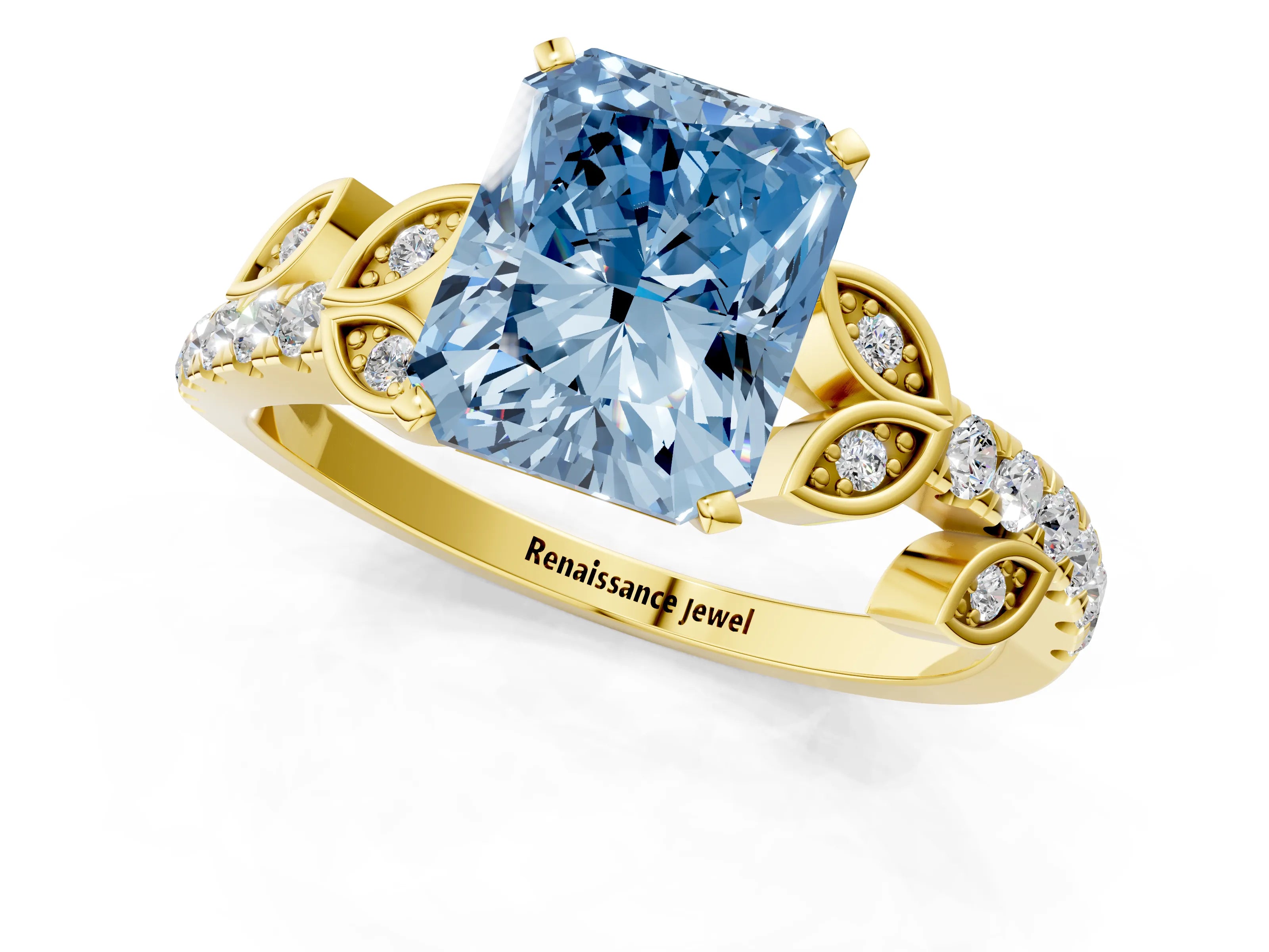 Yellow gold Fancy Blue Radiant Cut Solitaire Leaf-Inspired Diamond Ring with Pavé Band and Four-Prong Setting_1