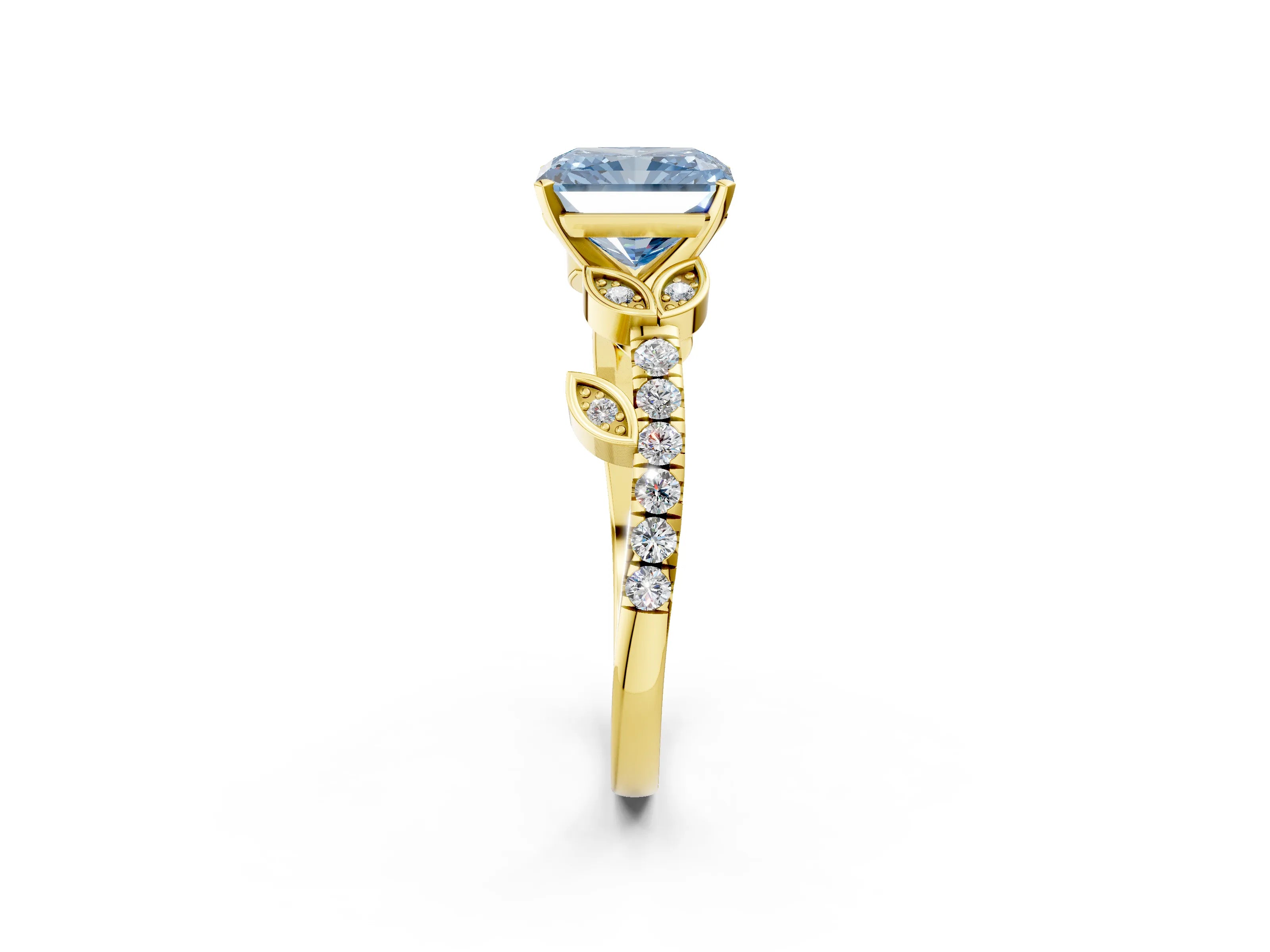 Yellow gold Fancy Blue Radiant Cut Solitaire Leaf-Inspired Diamond Ring with Pavé Band and Four-Prong Setting_2