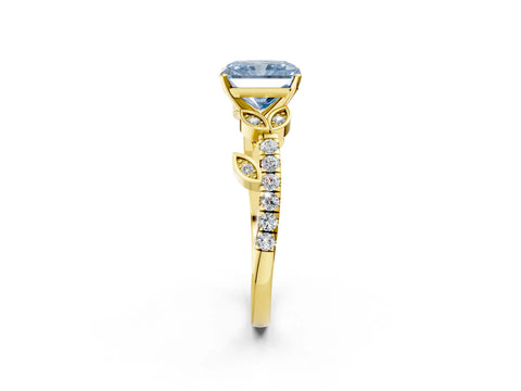 Yellow gold Fancy Blue Radiant Cut Solitaire Leaf-Inspired Diamond Ring with Pavé Band and Four-Prong Setting_2