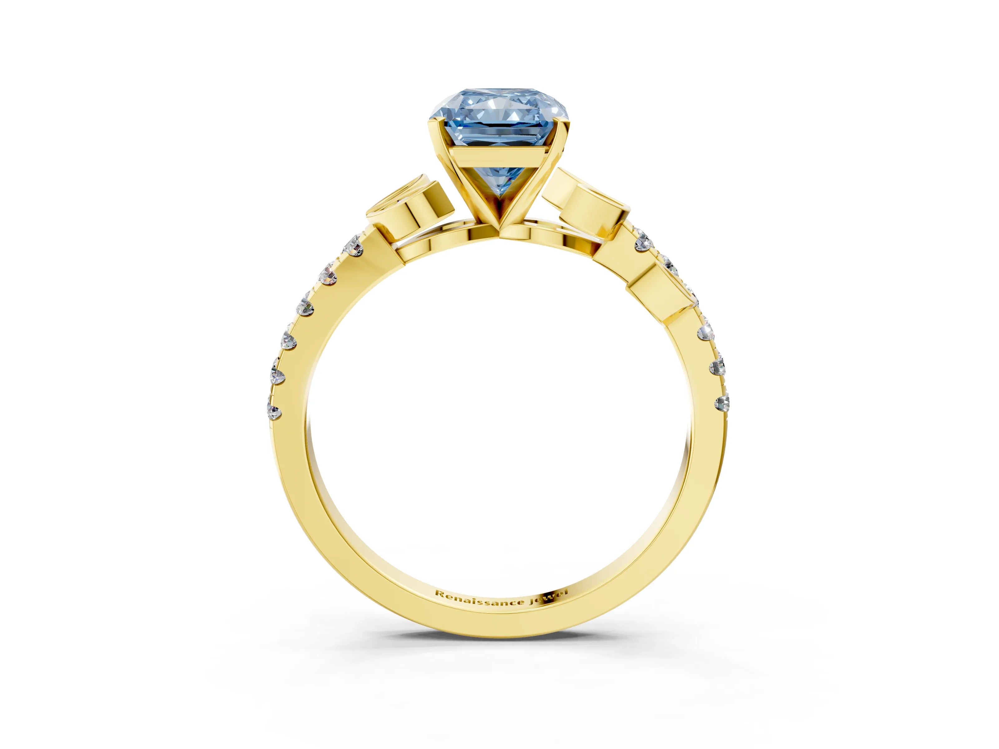 Yellow gold Fancy Blue Radiant Cut Solitaire Leaf-Inspired Diamond Ring with Pavé Band and Four-Prong Setting_3