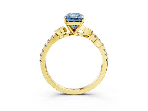 Yellow gold Fancy Blue Radiant Cut Solitaire Leaf-Inspired Diamond Ring with Pavé Band and Four-Prong Setting_3