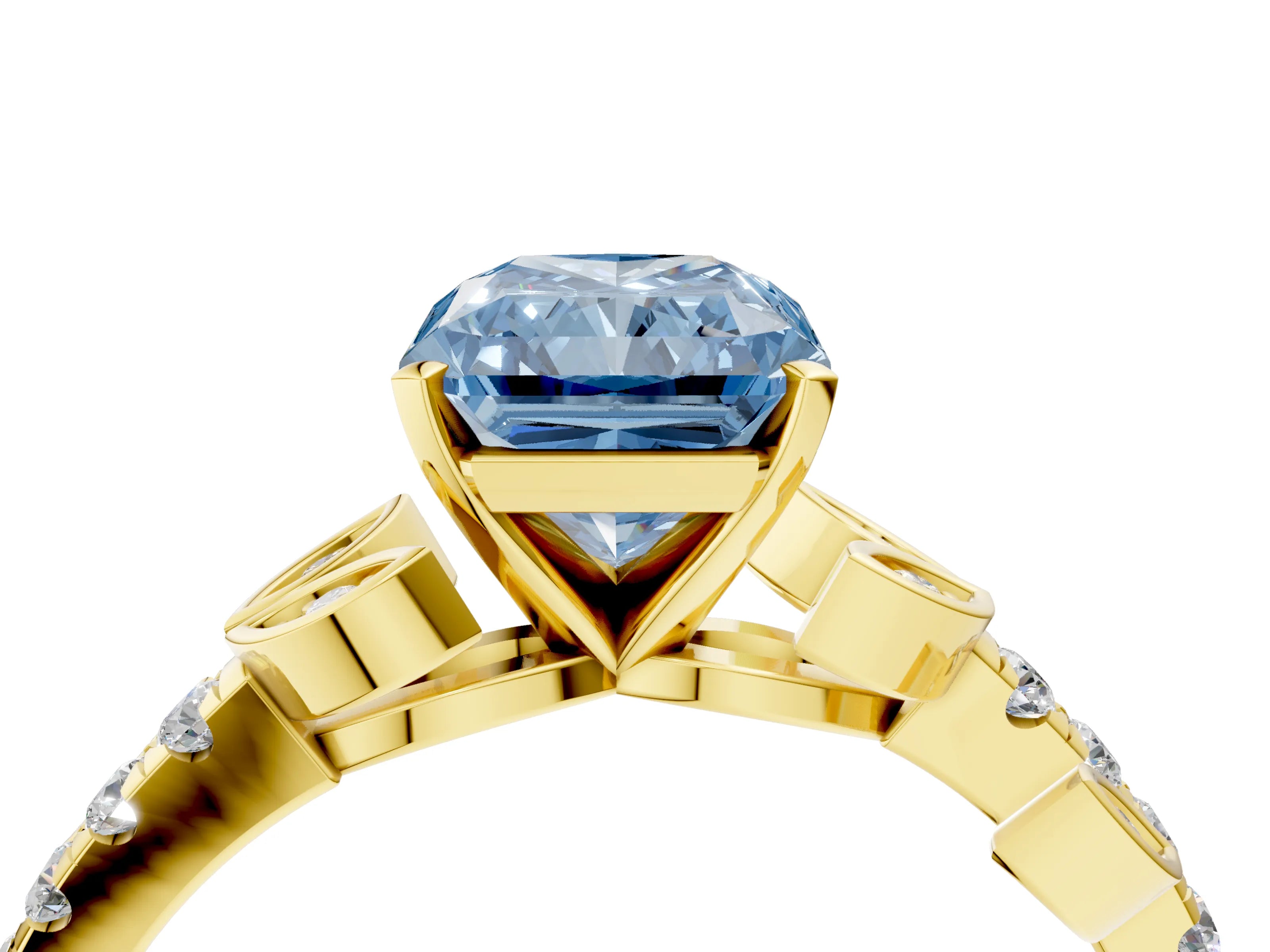 Yellow gold Fancy Blue Radiant Cut Solitaire Leaf-Inspired Diamond Ring with Pavé Band and Four-Prong Setting_4