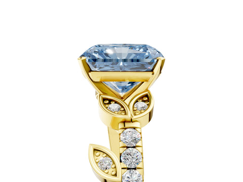 Yellow gold Fancy Blue Radiant Cut Solitaire Leaf-Inspired Diamond Ring with Pavé Band and Four-Prong Setting_5