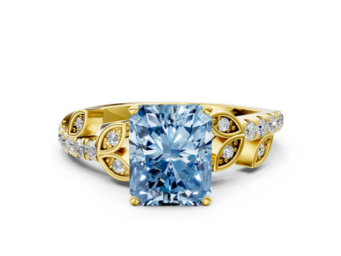 Yellow gold Fancy Blue Radiant Cut Solitaire Leaf-Inspired Diamond Ring with Pavé Band and Four-Prong Setting