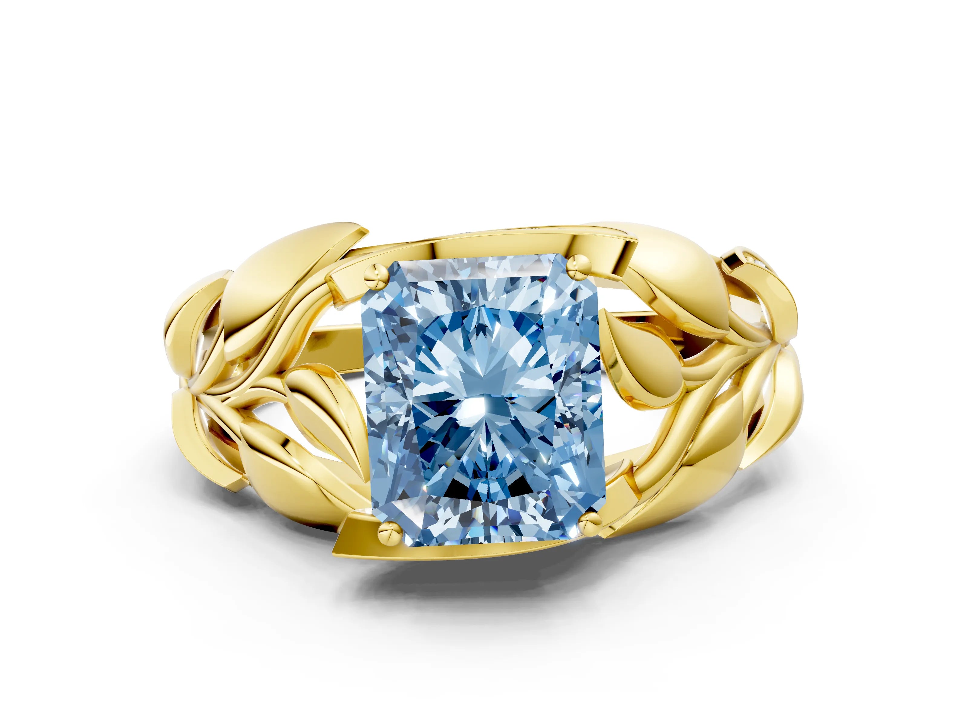 Yellow gold Fancy Blue Radiant Cut Solitaire Leaf-Inspired Engagement Ring with Prong Setting