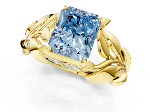 Yellow gold Fancy Blue Radiant Cut Solitaire Leaf-Inspired Engagement Ring with Prong Setting_1