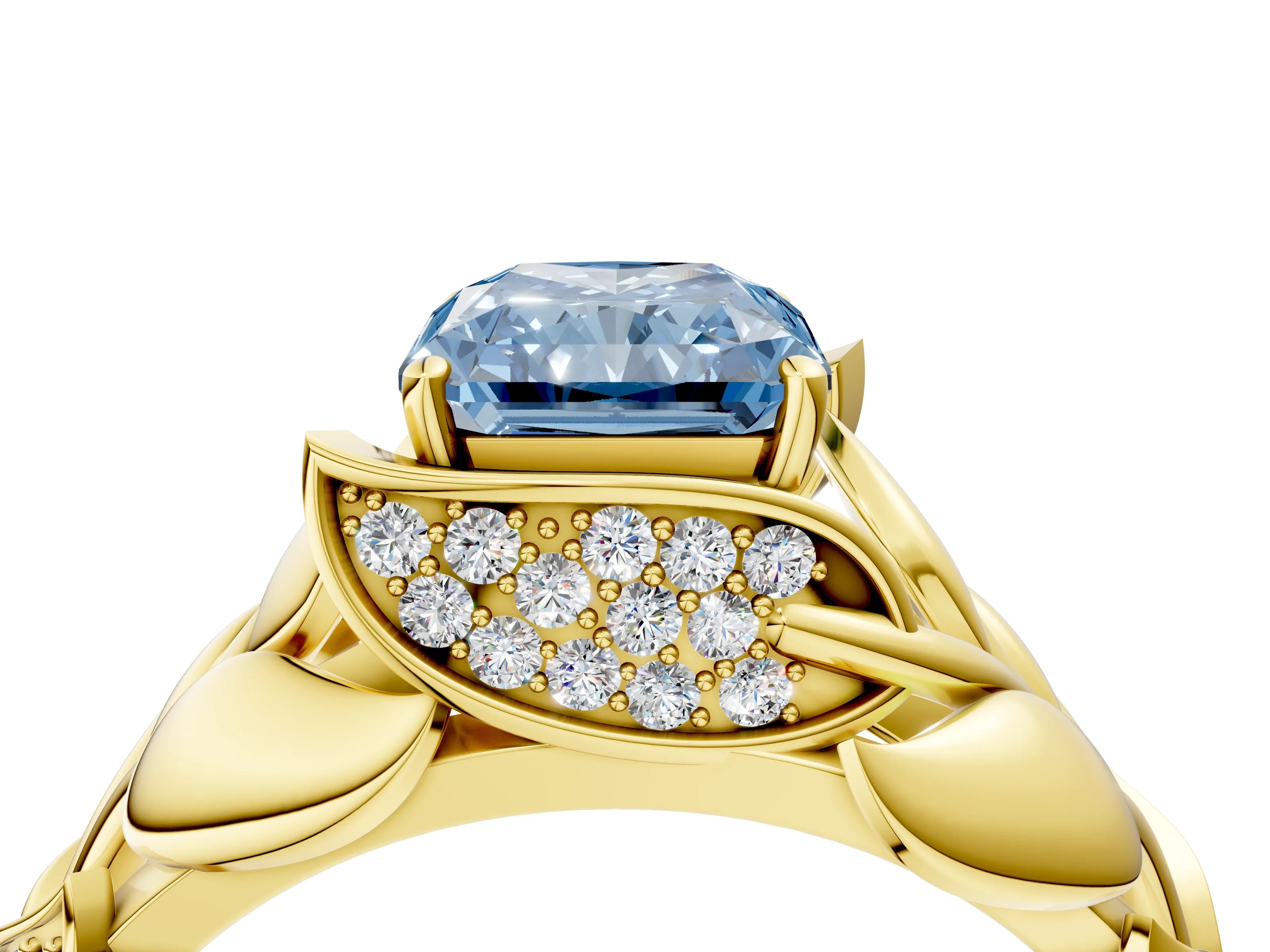 Yellow gold Fancy Blue Radiant Cut Solitaire Leaf-Inspired Engagement Ring with Prong Setting_4