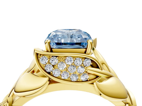 Yellow gold Fancy Blue Radiant Cut Solitaire Leaf-Inspired Engagement Ring with Prong Setting_4