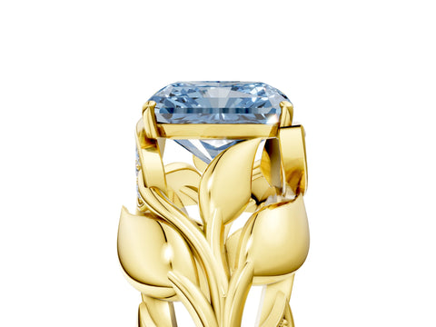 Yellow gold Fancy Blue Radiant Cut Solitaire Leaf-Inspired Engagement Ring with Prong Setting_5