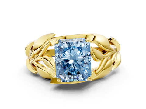 Yellow gold Fancy Blue Radiant Cut Solitaire Leaf-Inspired Engagement Ring with Prong Setting