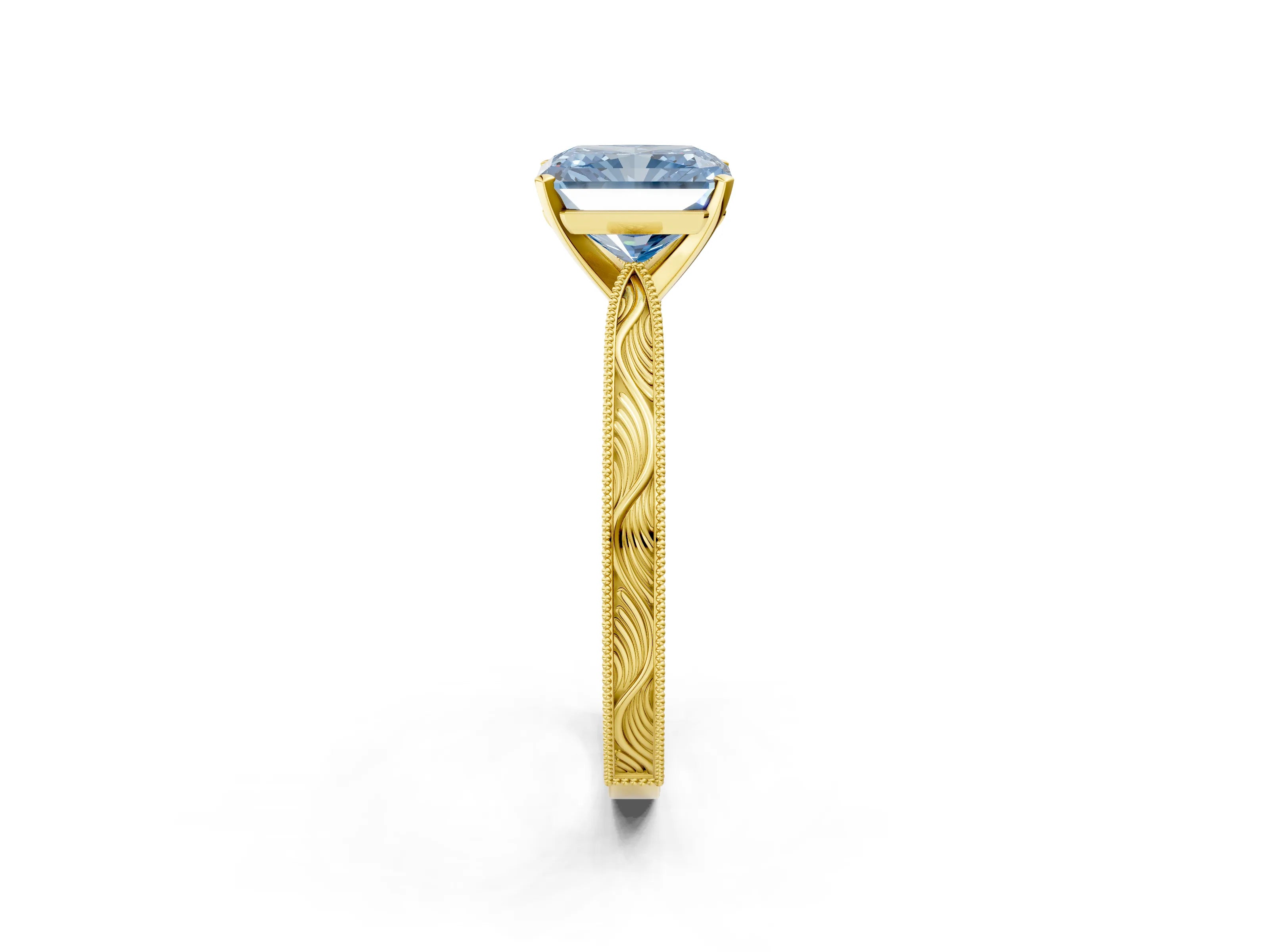 Yellow gold Fancy Blue Radiant Cut Solitaire Milgrain Engraved Band with Four-Prong Setting_2