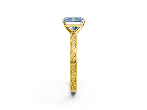 Yellow gold Fancy Blue Radiant Cut Solitaire Milgrain Engraved Band with Four-Prong Setting_2