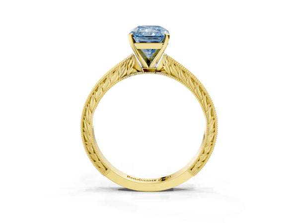 Yellow Gold Radiant Cut Solitaire Engagement Ring Setting for Fancy Blue Center with Engraved Band